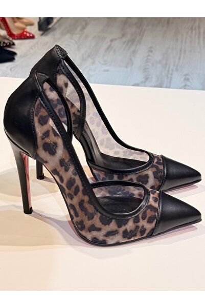 New Stiletto Store Stiletto leopar siyah mat 12 cm