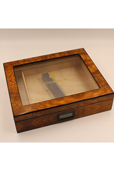 COHİBA Basic Camlı Puro Kutusu Humidor Slim Dijital Kahve