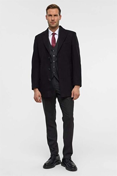 SÜVARİ Siyah Slim Düz Sivri Yaka Kaban