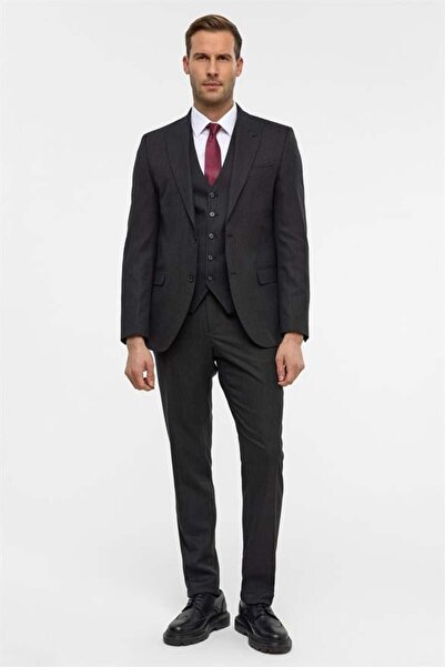 SÜVARİ Gri Slim Desenli Sivri Yaka 6 Drop Yelekli Takım Elbise