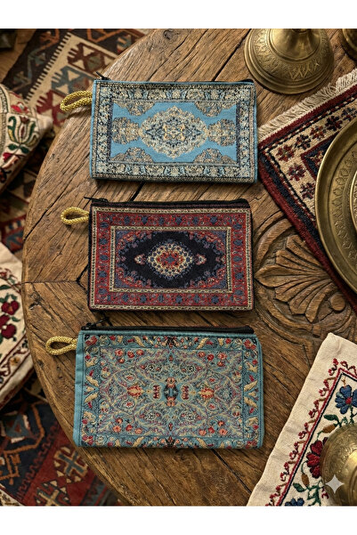 Gamy Bags Authentic Kilim Patterned Woven Fabric Zippered Coin Purse & Mini Makeup Bag