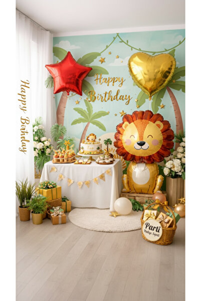 parti hediye sepeti Safari Temalı Çocuk Doğum Günü Balon Seti | Aslan Figürlü