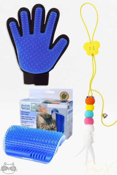 PawX Kedi Oyuncak ve Bakım Seti Tüy Toplama Eldiveni Kedi Kaşınma Aparatı Ela...