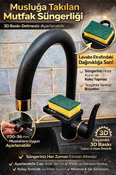 3DayıCrafts Musluğa Takılan Mutfak Süngerliği | 3D Baskı Lavabo Sünger Tutucu – Ayarlanabilir 20–36 mm