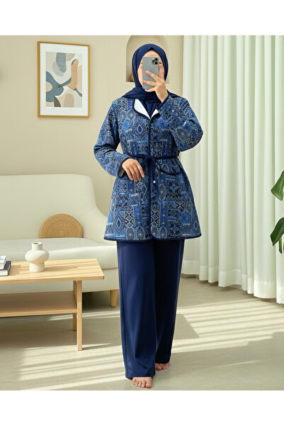 Modamorfo Tie-Waist Double Pocket Patterned Scuba Suit - Navy