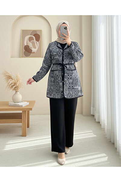 Modamorfo Tie-Waist Double Pocket Patterned Scuba Suit - Black