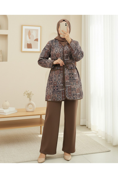 Modamorfo Tie-Waist Double Pocket Patterned Scuba Suit - Brown