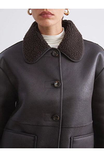 LC Waikiki Plush Shirt Collar Women's Leather-Look Coat