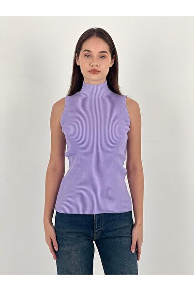 Miss Poem Bluză de tricotat fără mâneci cu gât înalt pentru femei basic liliac