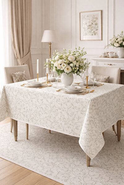 ALAMODECOR Açık Adaçayı Yeşili Yaprak Desenli Şık Masa Örtüsü