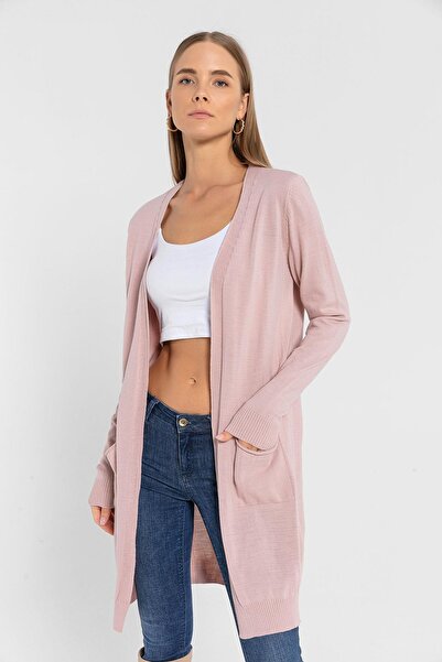 Miss Poem Women's Basic Long Knit Cardigan with Powder Pocket