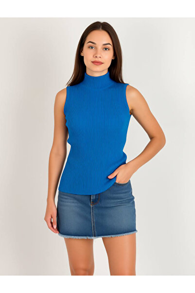 Miss Poem Bluză de tricotaj pentru femei, cu gât înalt, fără mâneci, basic K.Blue