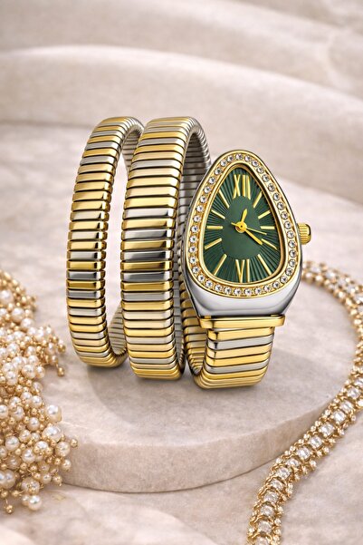 Nicevia ساعة نسائية من Gold Damla Case - مينا أخضر - سوار فولاذي حلزوني على شكل ثعبان
