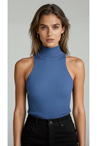 Miss Poem Γυναικείο αμάνικο εφαρμοστό ψηλόμεσο κοτλέ κοντό μπλε πλεκτό κορδόνι