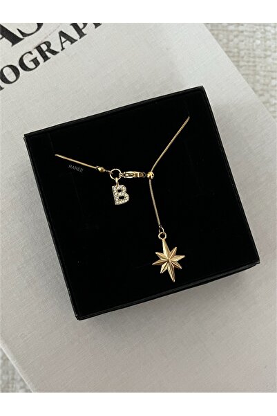 RAREE Asansörlü kuzey yıldızı ve zirkon harfli çelik y kolye hediyelik