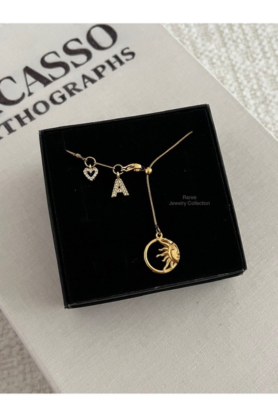 RAREE Güneş plaka, mini kalp ve zirkon harfli çelik asansörlü y kolye hediyelik