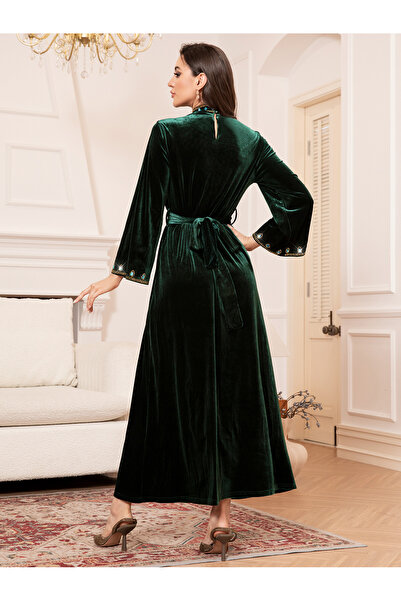 FridayIn Elegant style Fast fashion High collar Solid color Belt Rhinestone Regular sleeve Kaftan