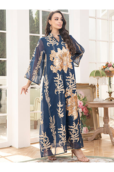 Nobrand فستان طويل أنيق مطرز بألوان مطرّز رقبة على شكل حرف V للنساء، فستان ما...