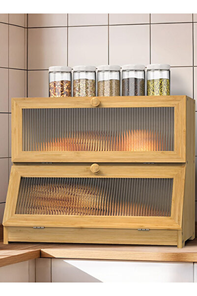 Generic Bamboo Double Layer Bread Box Large Capacity Natural Wood Storage Container with Ventilation Doors