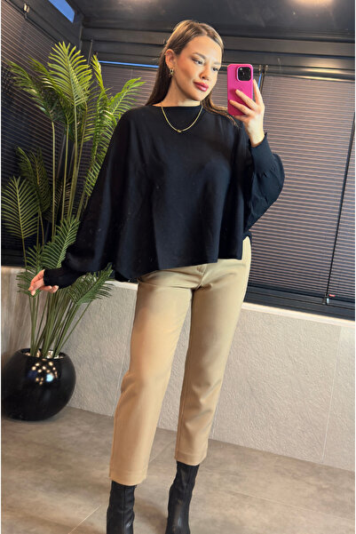 MİR STORE Black Mercerized Sweater with Batwing Sleeve Detail