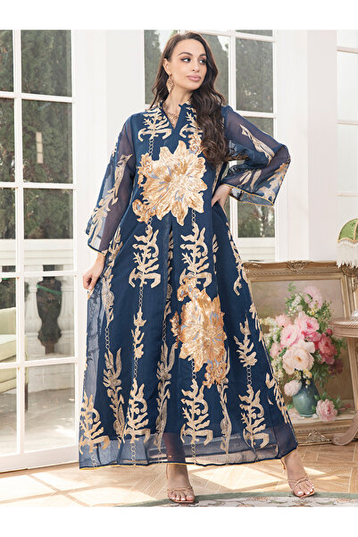 FridayIn Elegant style V-neck Color contrast Solid color Embroidery Pos-flower Regular sleeve Kaftan