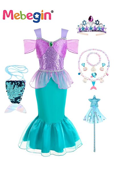 MEBEGIN طقم فستان أميرة حورية البحر مكون من 9 قطع، طقم زي أميرة رائع مع قلادة...