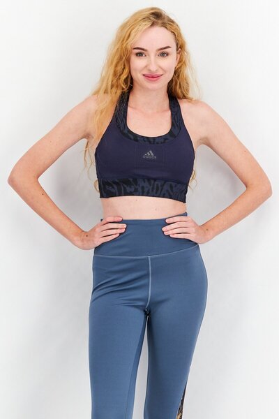 adidas Women Brand Logo Padded Running Sports Bra, Navy