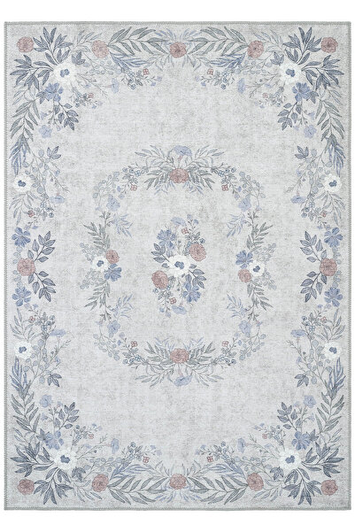 Cool Halı Florence Gri Mavi Çiçekli Otantik Tasarım Makinada Yıkanabilir Doku...
