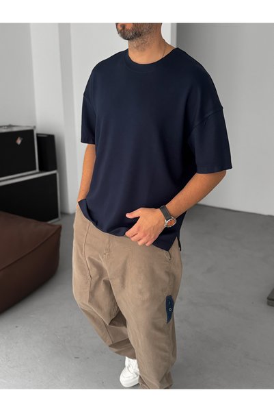 BYBASICMAN Țesătură modal albastru marin material elastic supradimensionat tricou BY-722
