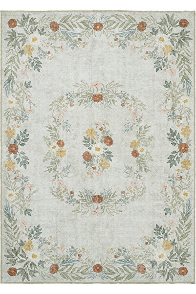 Cool Halı Florence Krem Yeşil Renkli Çiçekli Tasarım Bohem İnce Yıkanabilir Dokuma Salon Oturma Odası Halısı