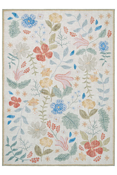 Cool Halı Florence Krem Pembe Renkli Çiçekli Dekoratif İnce Yıkanabilir Şönil...