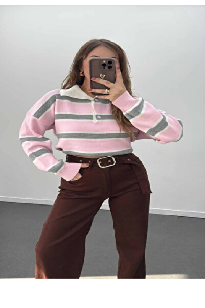mars fashion Women's Pink Striped Polo Neck Buttoned Knit Sweater