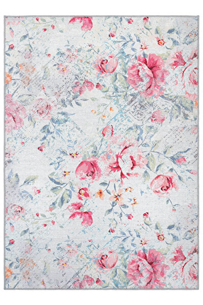 Cool Halı Florence Gri Pembe Çiçekli Dekoratif Makinede Yıkanabilir Dokuma Şö...