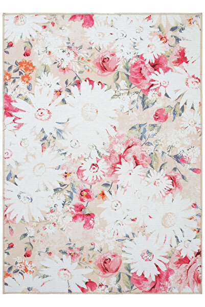 Cool Halı Florence Gri Pembe Çiçekli Dekoratif Makinede Yıkanabilir Dokuma Şö...