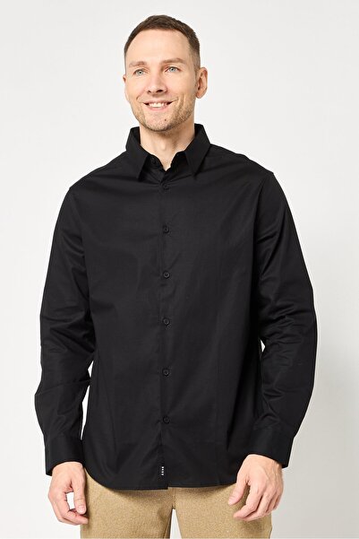 Dkny Men Regular Fit Plain Long Sleeve Casual Shirt, Black