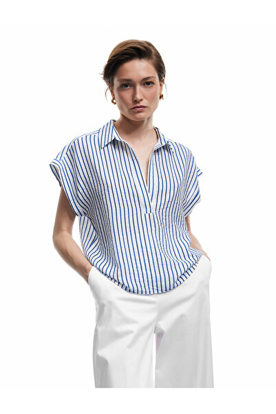 Koton Bluză cu mâneci scurte din țesătură din viscoză Aerobin, cu guler, cu dungi