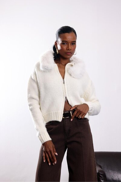 5in1Canpolat Ecru Hooded Fur Knitwear Cardigan 8004