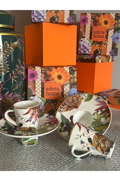 Edora Home Turkish Coffee Cup Set Safari Bloom for 2 People, 4 Pieces