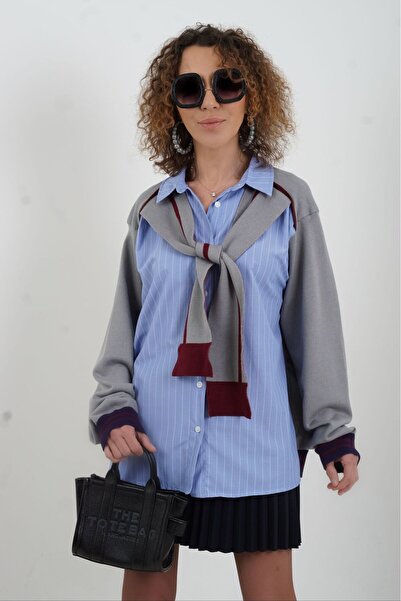 Zelish My Sister Blue Gray Knitwear Detailed Scarf Shirt