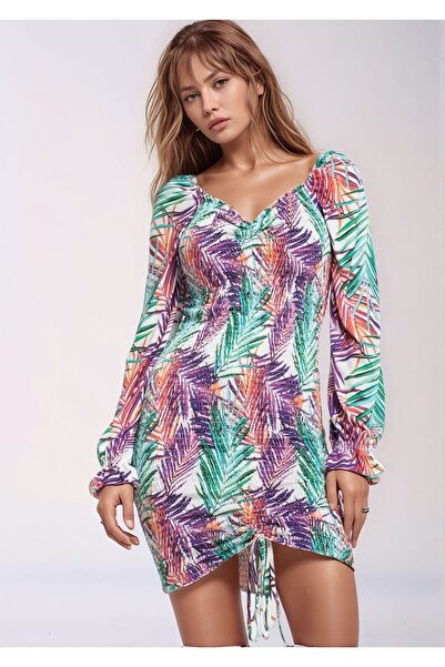 MAMAYAGA Women's V-Neck Long Sleeve Patterned Adjustable Skirt Gathered Body-...