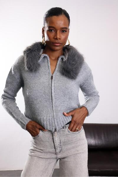 5in1Canpolat Gray Hooded Fur Knitwear Cardigan 8004