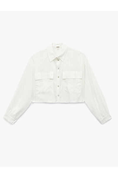 Koton Cămașă crop cu mânecă lungă, cu detaliu de buzunar aplicat, cu acoperire din amestec de in și viscoză