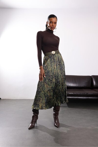 5in1Canpolat Yeşil Kemerli Desenli Midi Etek 17661