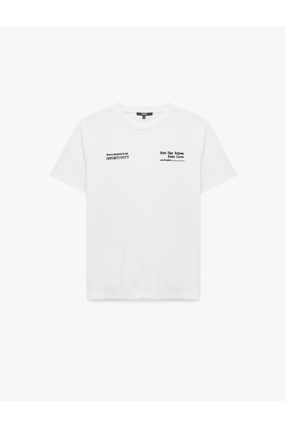 Koton تي شيرت قطني مطرز بأكمام قصيرة وقصة عادية ورقبة دائرية