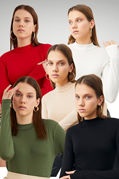 Ladima Women's Black Cream White Red Khaki 5-Piece Finger Detailed Bodysuit