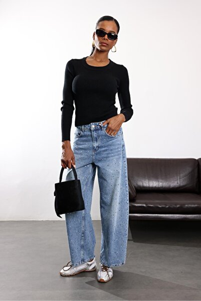 5in1Canpolat Albastru cu pietre aplicate croi larg pe picior Jean 8014