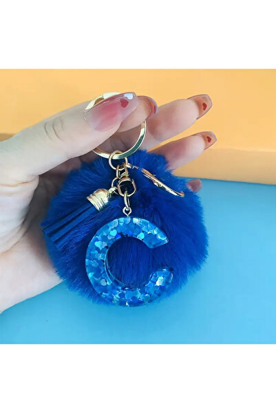 Choice C Blue Letter Keychain Trendy Plush Pompom Tassel Keyring Backpack Bag...