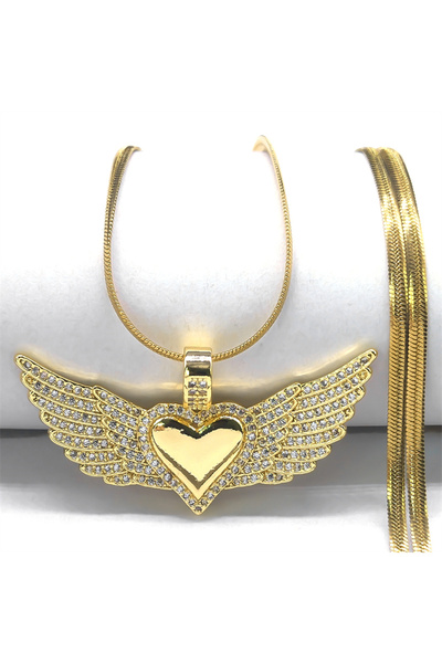 Choice قلادة باي 50 سم SLxiB GD بتصميم قلب الحب وجناح ملاك مرصعة بالزركون، لل...