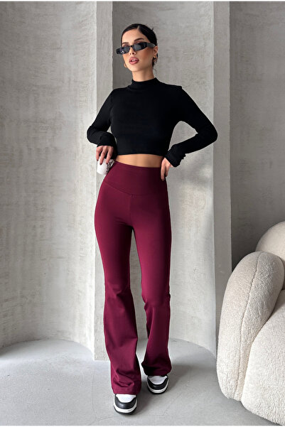 ezber moda Tayt Ovşo Kumaş Fleece-Lined Toparlayici Yüksek Bel İspanyol Paça