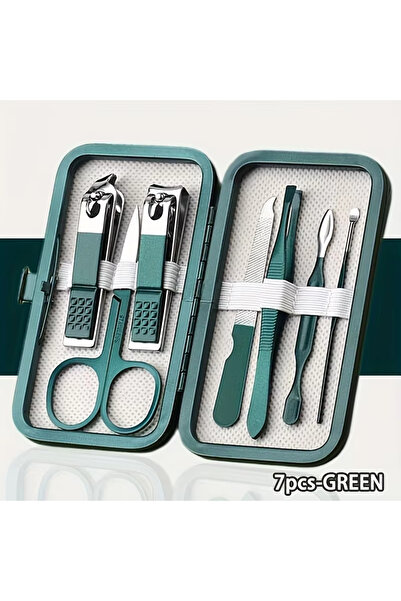 Choice Green-7pcs 7pcs Manicure Set Stainless Steel Nail Clippers, Nail File, Ear Cleaner, Concave Blade, U